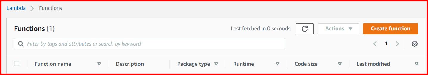 Picture showing the Create function button for creating the new lambda function